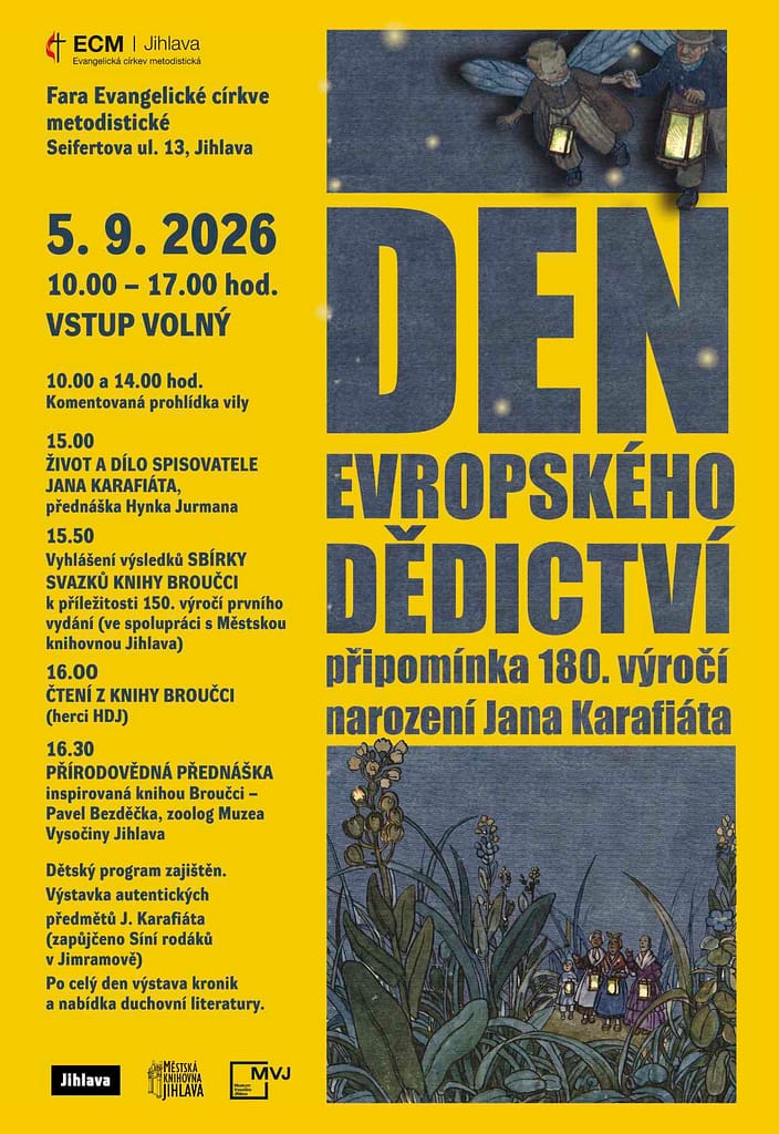 Plakát s programem. Den evropského dědictví 5/9/2026 v Evangelické církvi metodistivcké v Jihlavě