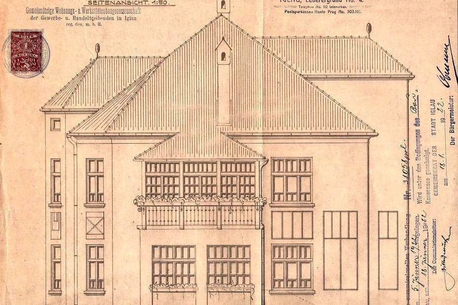 Historický dokument. Narýsovaný pohled na dům Seifertova 13 z projektu.